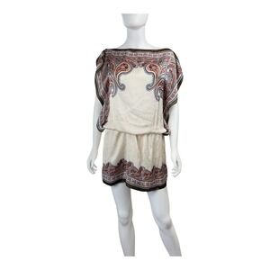 Max Studio Womens Paisley Print Boat Neck Mini Dress Short Cream Size M